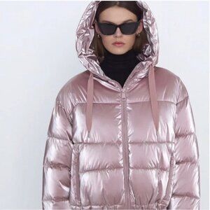 Zara Pink Metallic Shine Hooded Puffer Jacket Size XS NWT